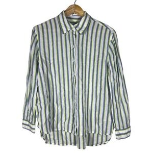 Lola River Striped Button Down Linen Blend Shirt White Green Purple Size M